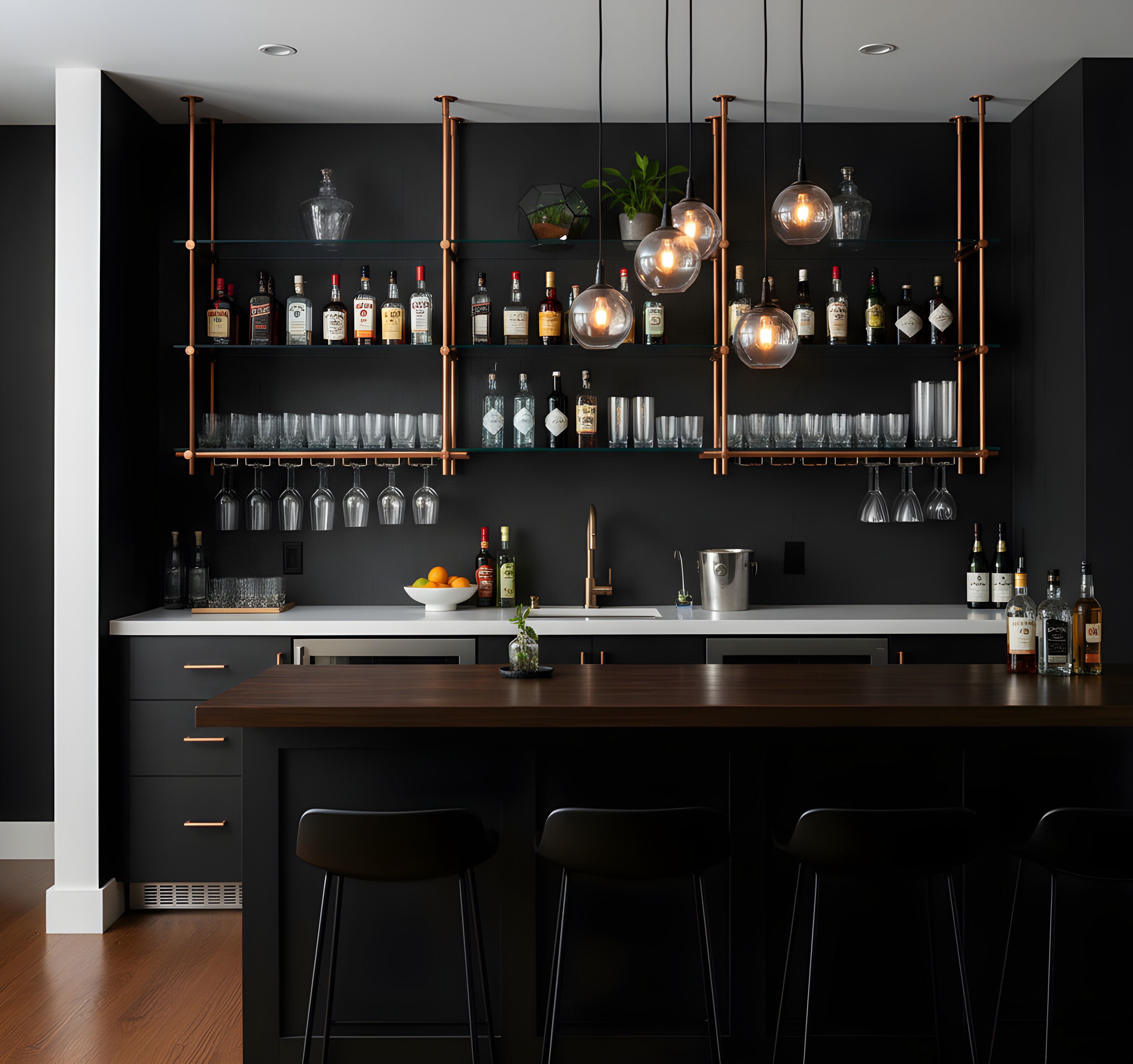 Ceiling-hung brass shelving