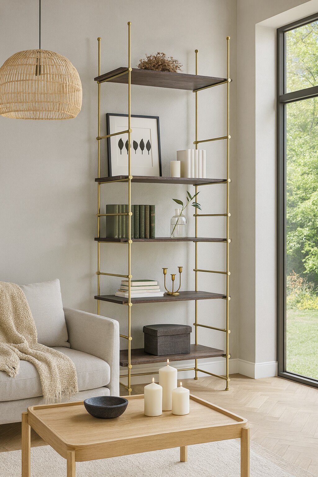 Freestanding brass shelving