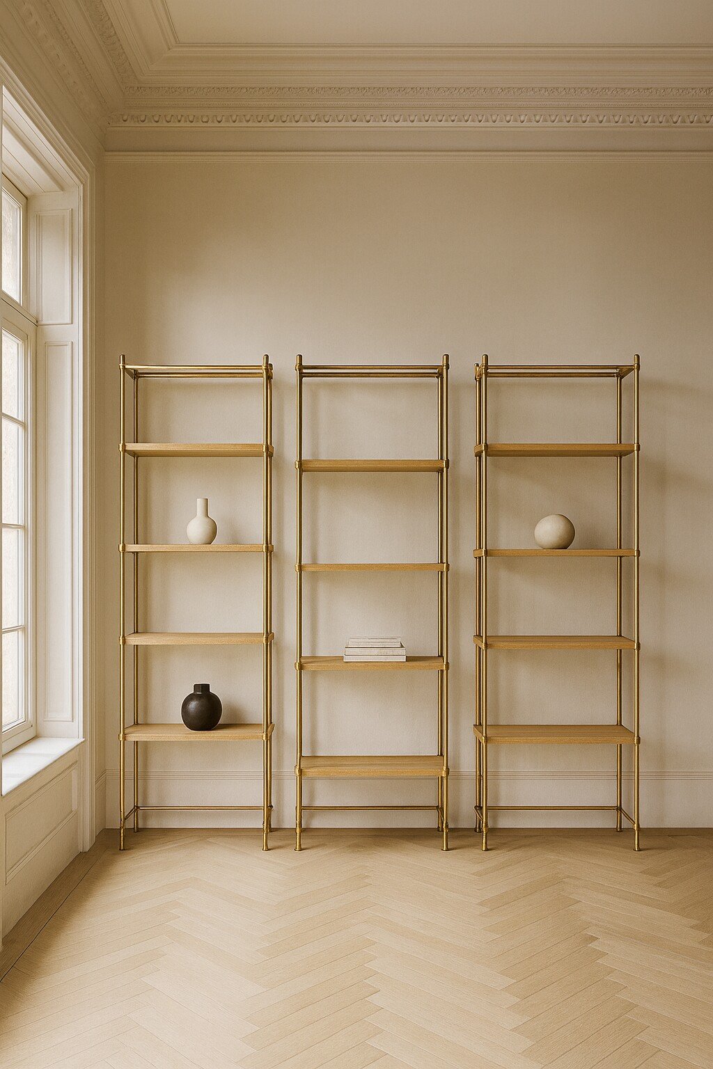 Freestanding brass shelving system